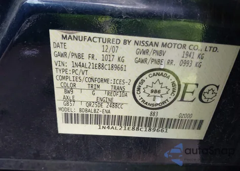 2008 Nissan Altima 2.5 S z USA, uszkodzony, nr VIN 1N4AL21E88C189661